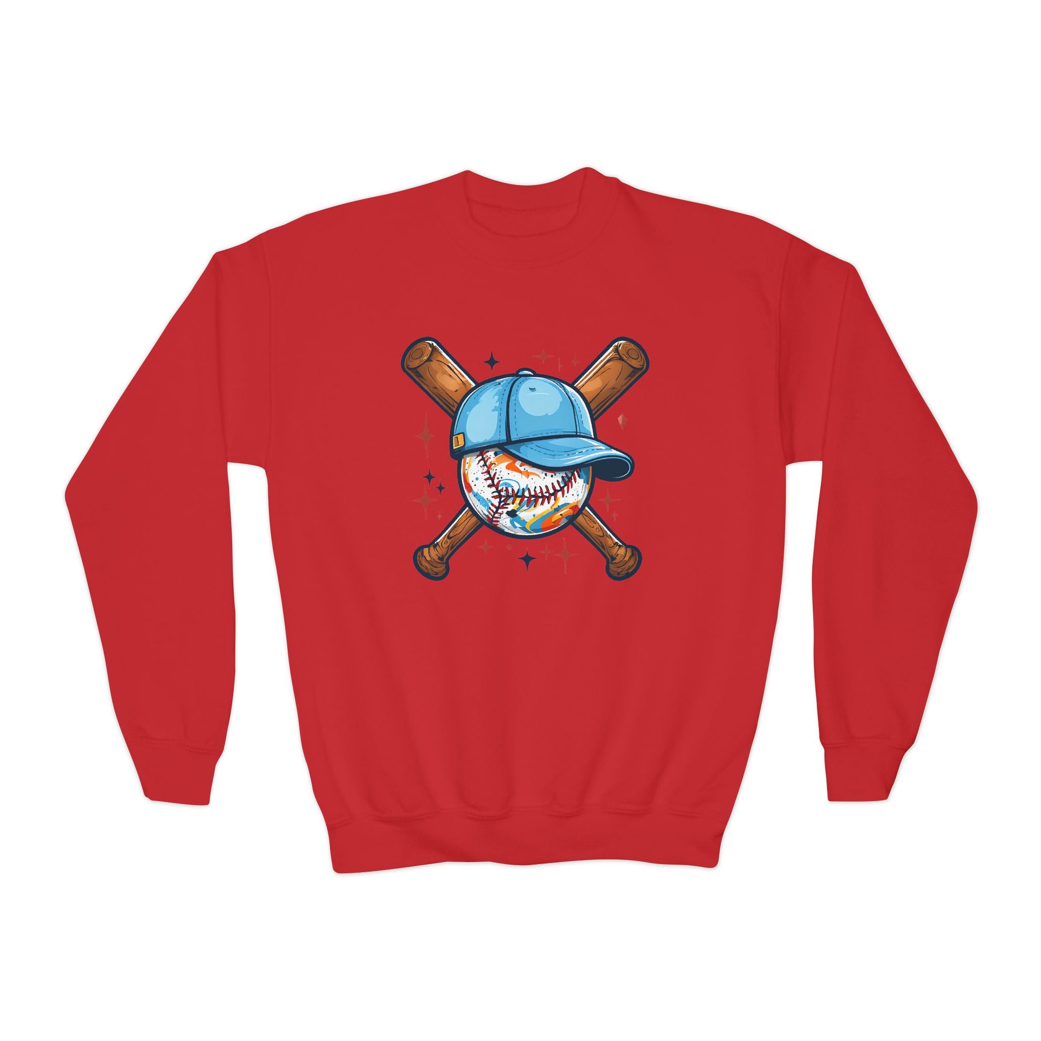 Youth Baseball Crewneck Sweatshirt – Cute Baseball with Cap & Crossed Bats
