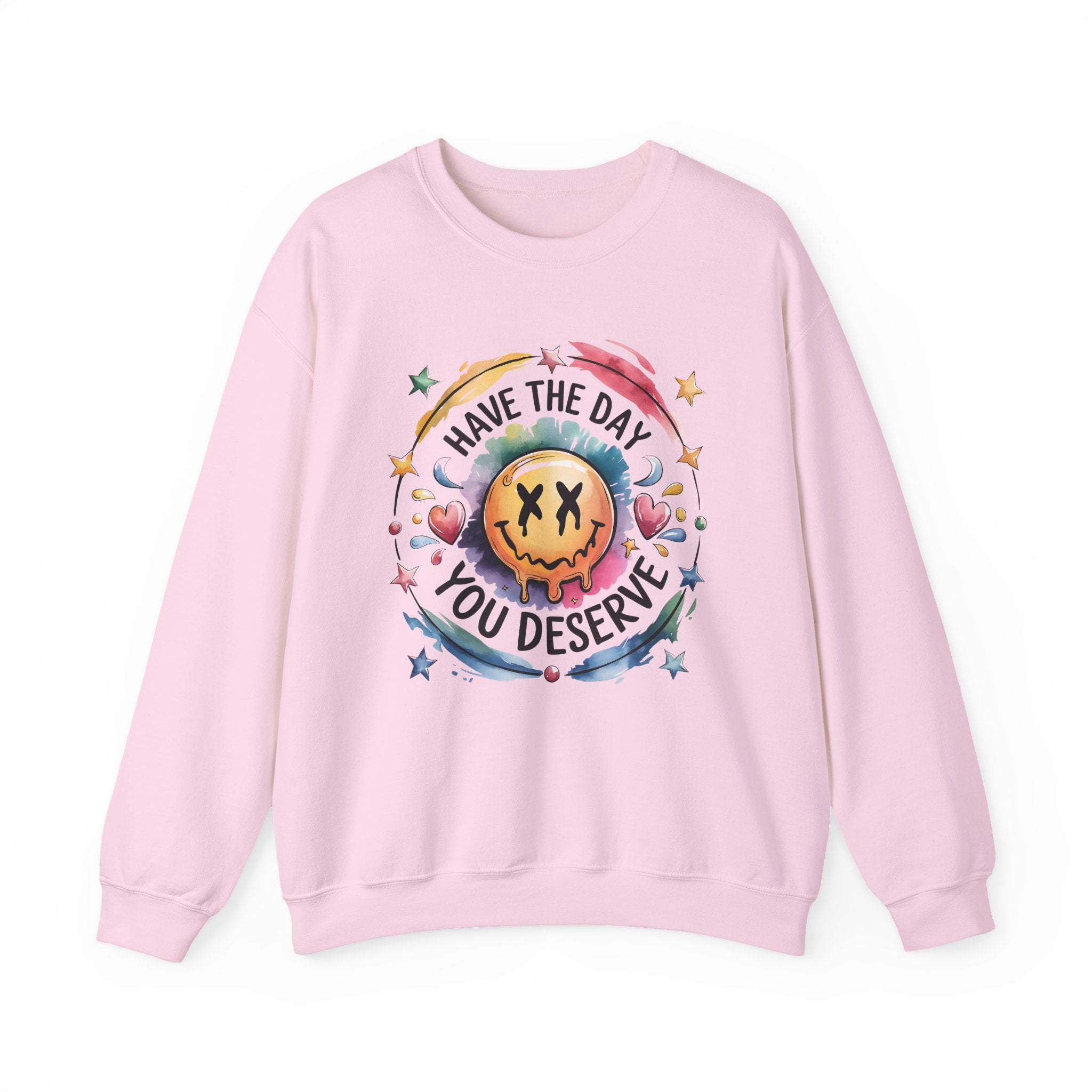 Crewneck Sweatshirt — 'Have The Day You Deserve' Smiley Galaxy Graphic