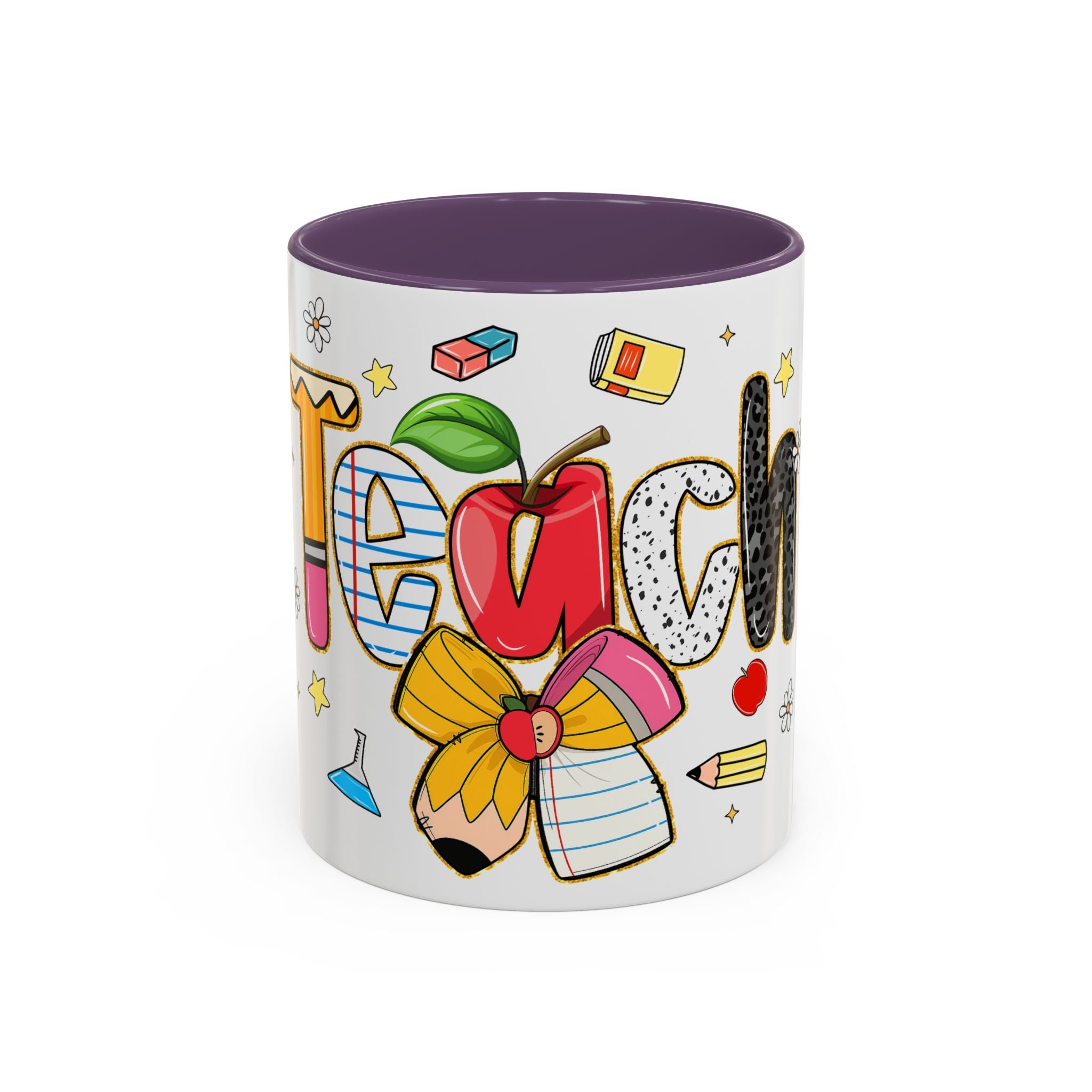 Teacher Appreciation Accent Coffee Mug – Colorful Apple & School Icons (11/15oz)