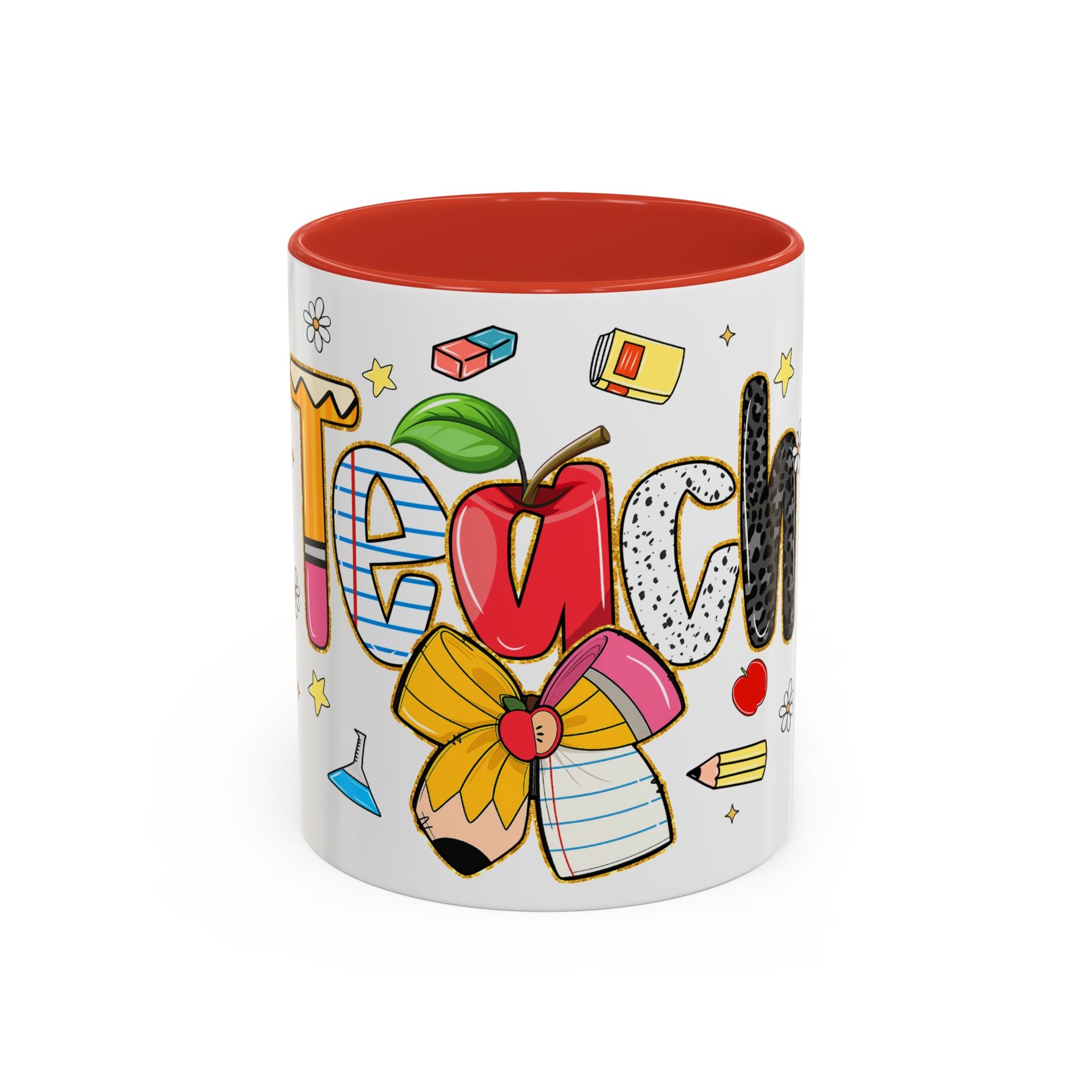 Teacher Appreciation Accent Coffee Mug – Colorful Apple & School Icons (11/15oz)
