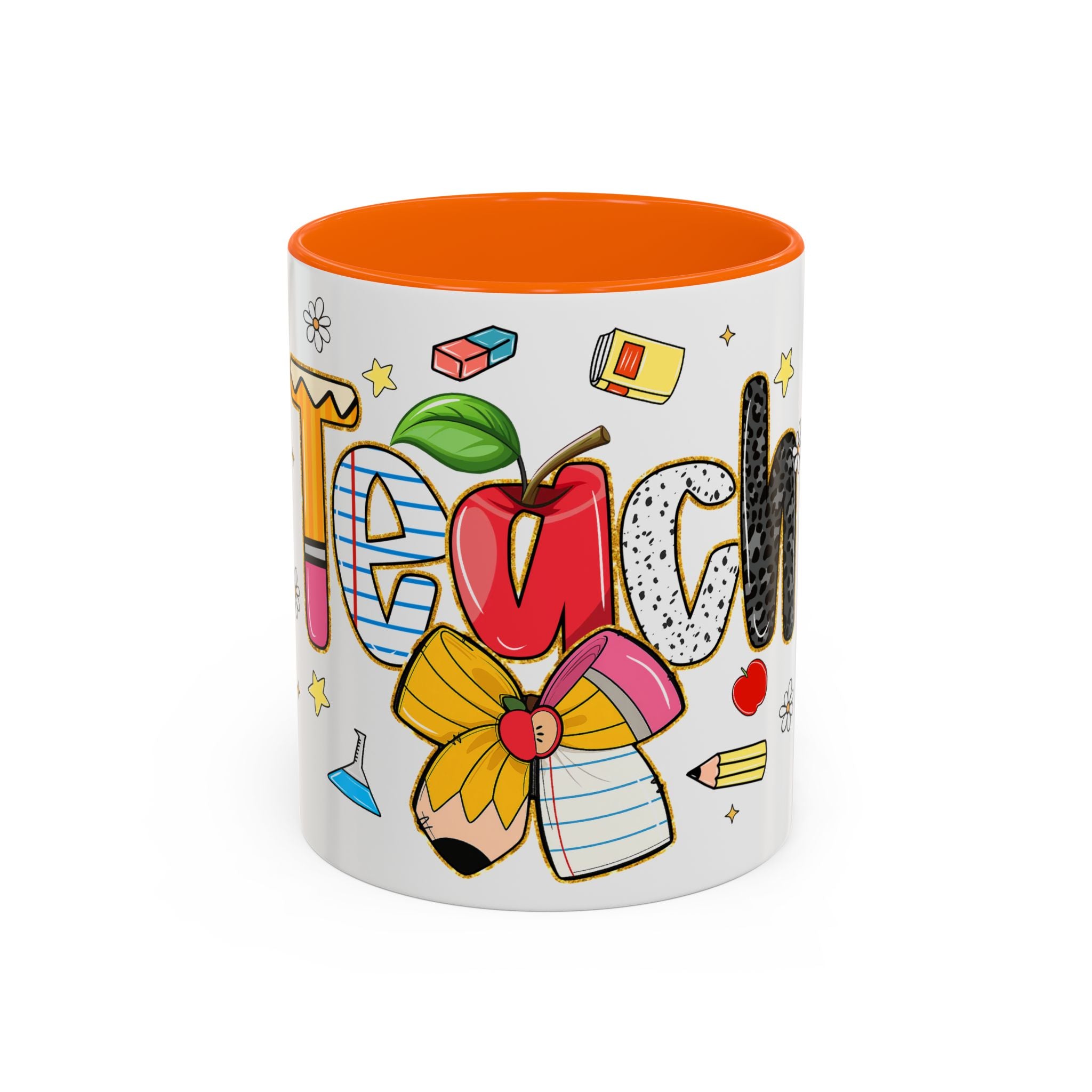 Teacher Appreciation Accent Coffee Mug – Colorful Apple & School Icons (11/15oz)