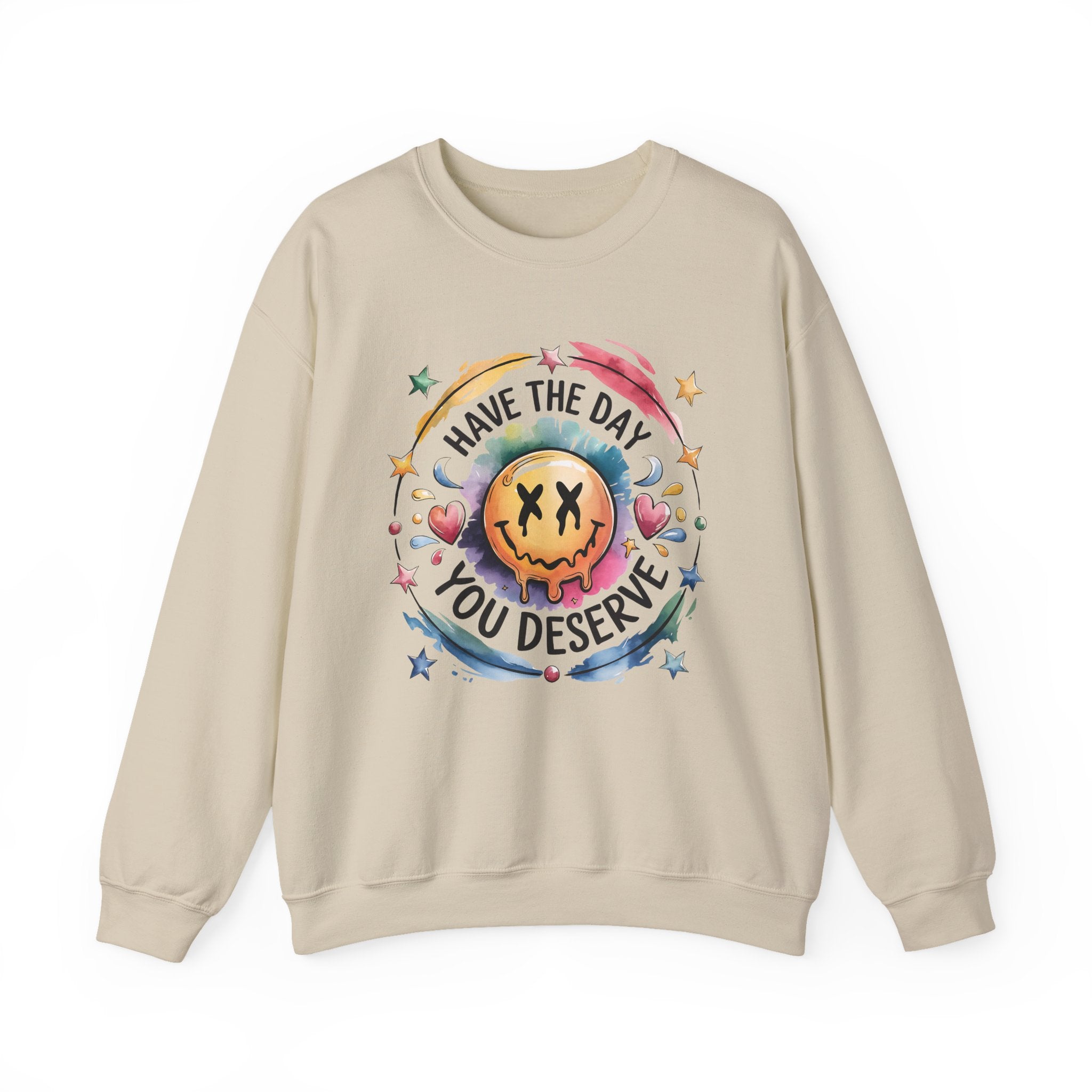 Crewneck Sweatshirt — 'Have The Day You Deserve' Smiley Galaxy Graphic