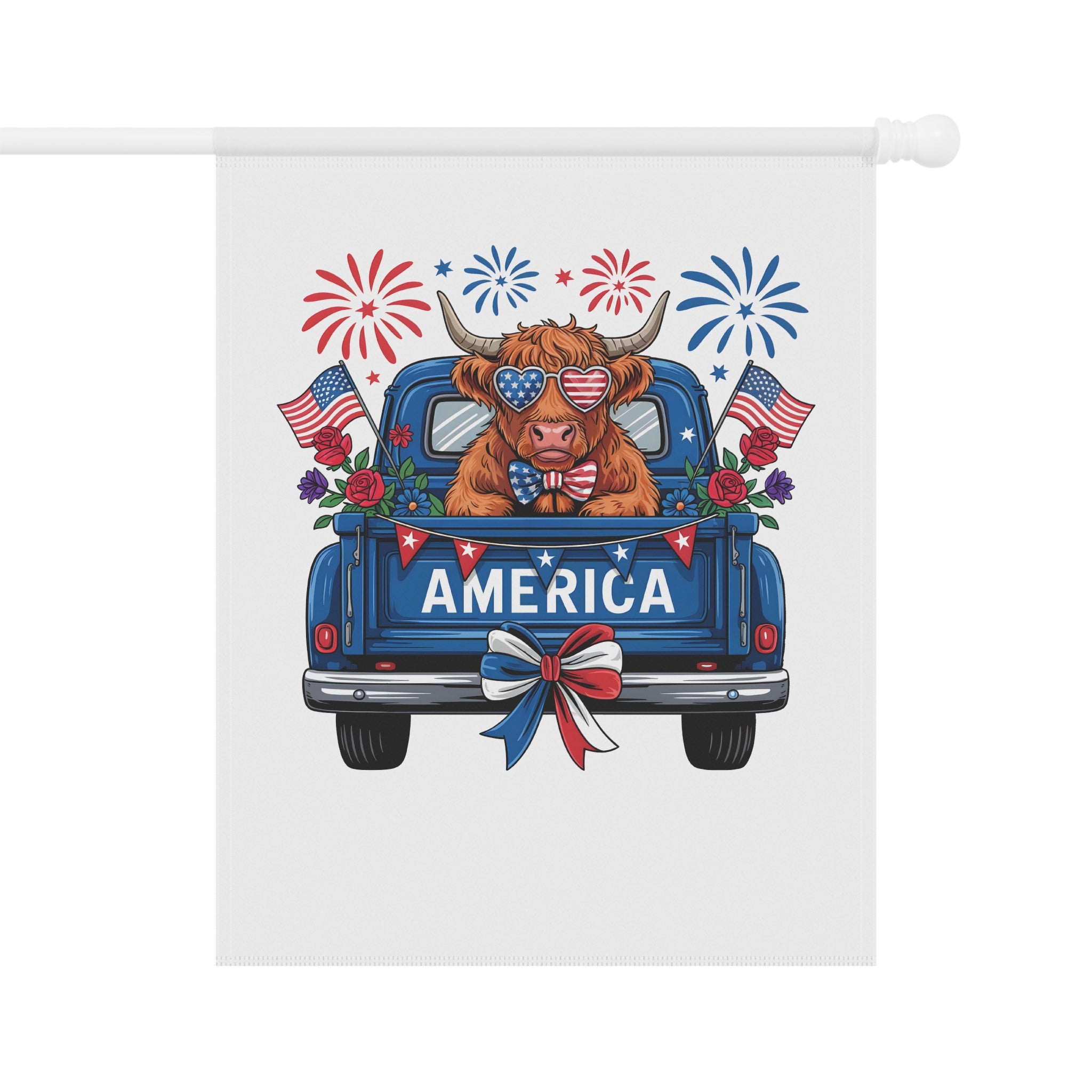 Patriotic America Garden Flag – Fourth of July Truck & Cow Design