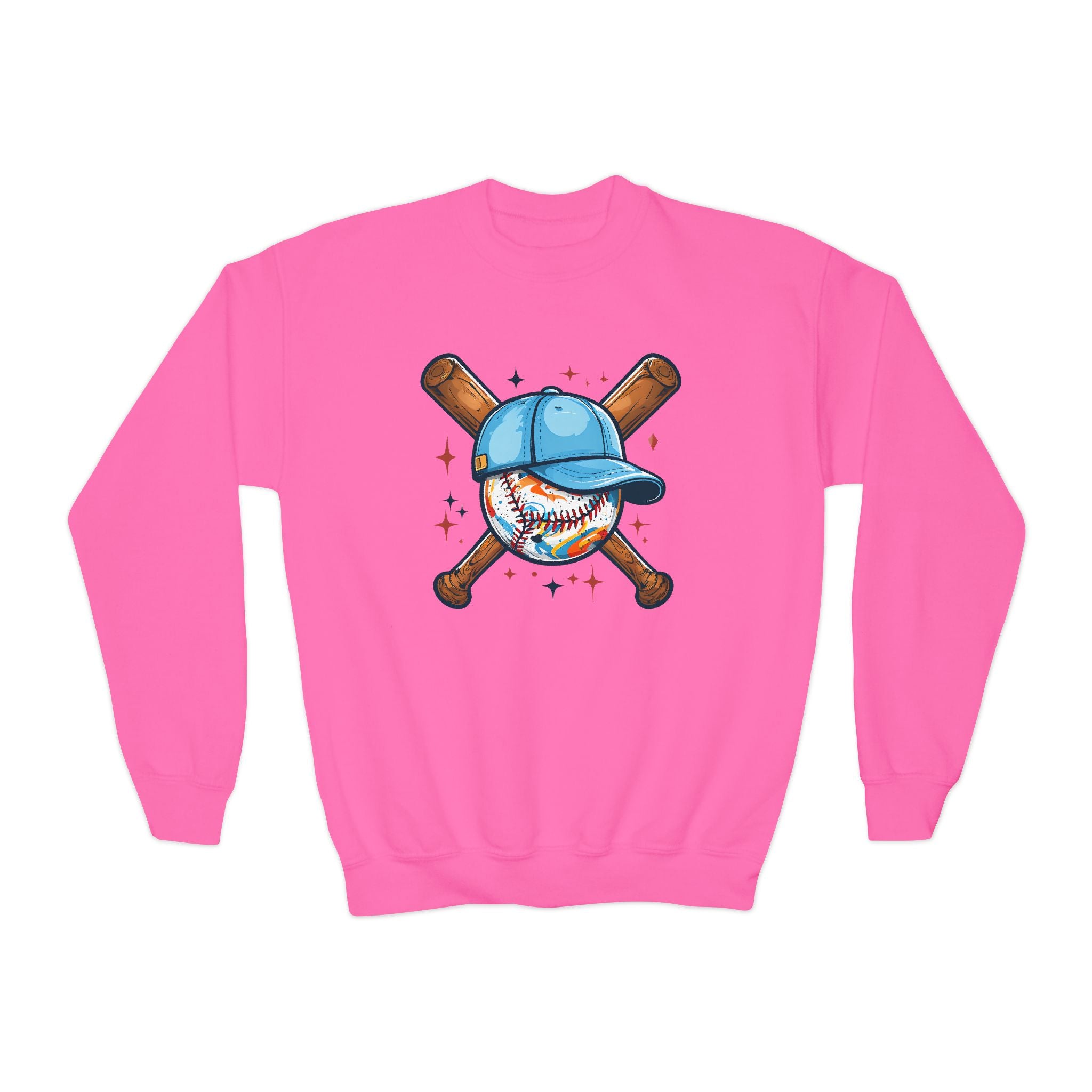 Youth Baseball Crewneck Sweatshirt – Cute Baseball with Cap & Crossed Bats
