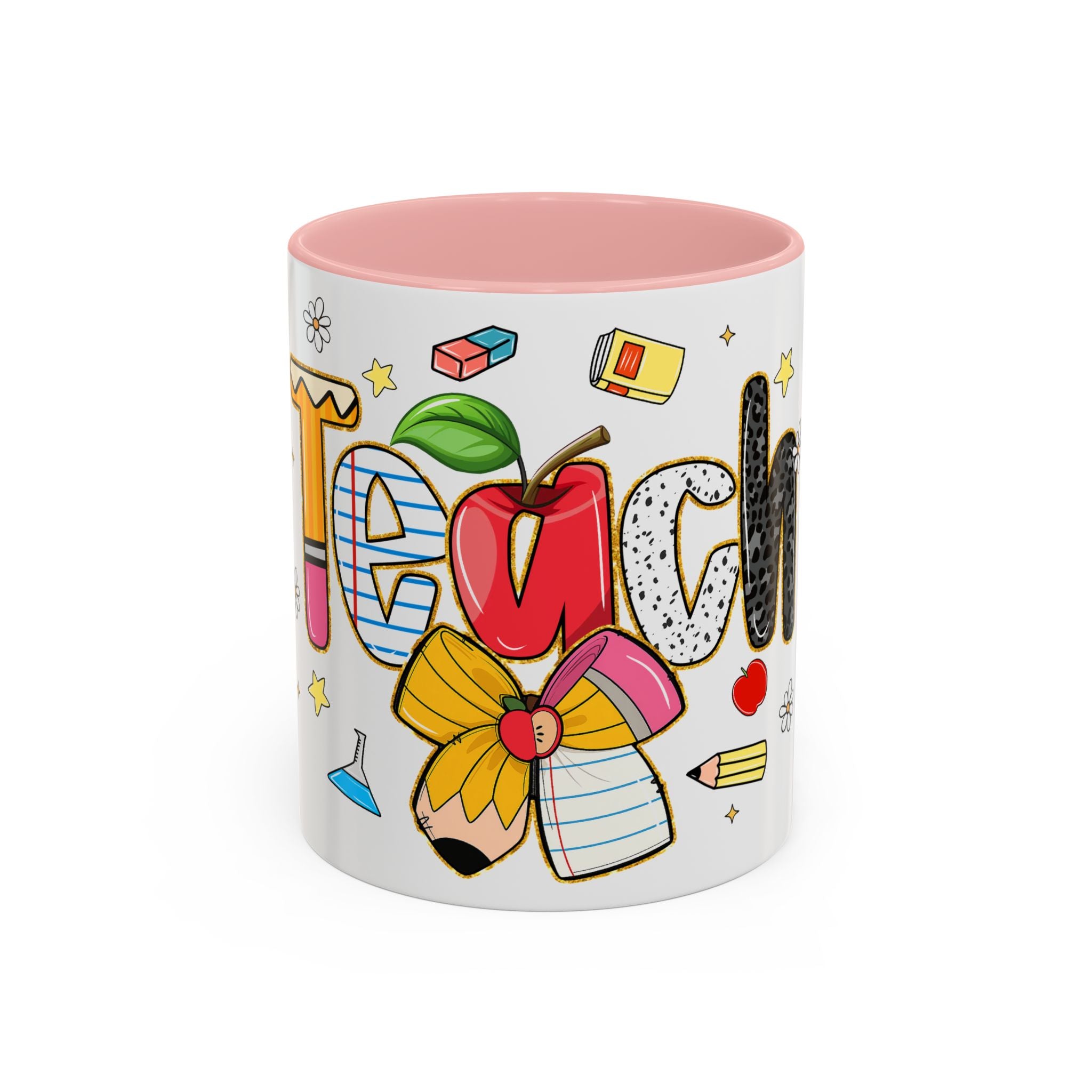 Teacher Appreciation Accent Coffee Mug – Colorful Apple & School Icons (11/15oz)