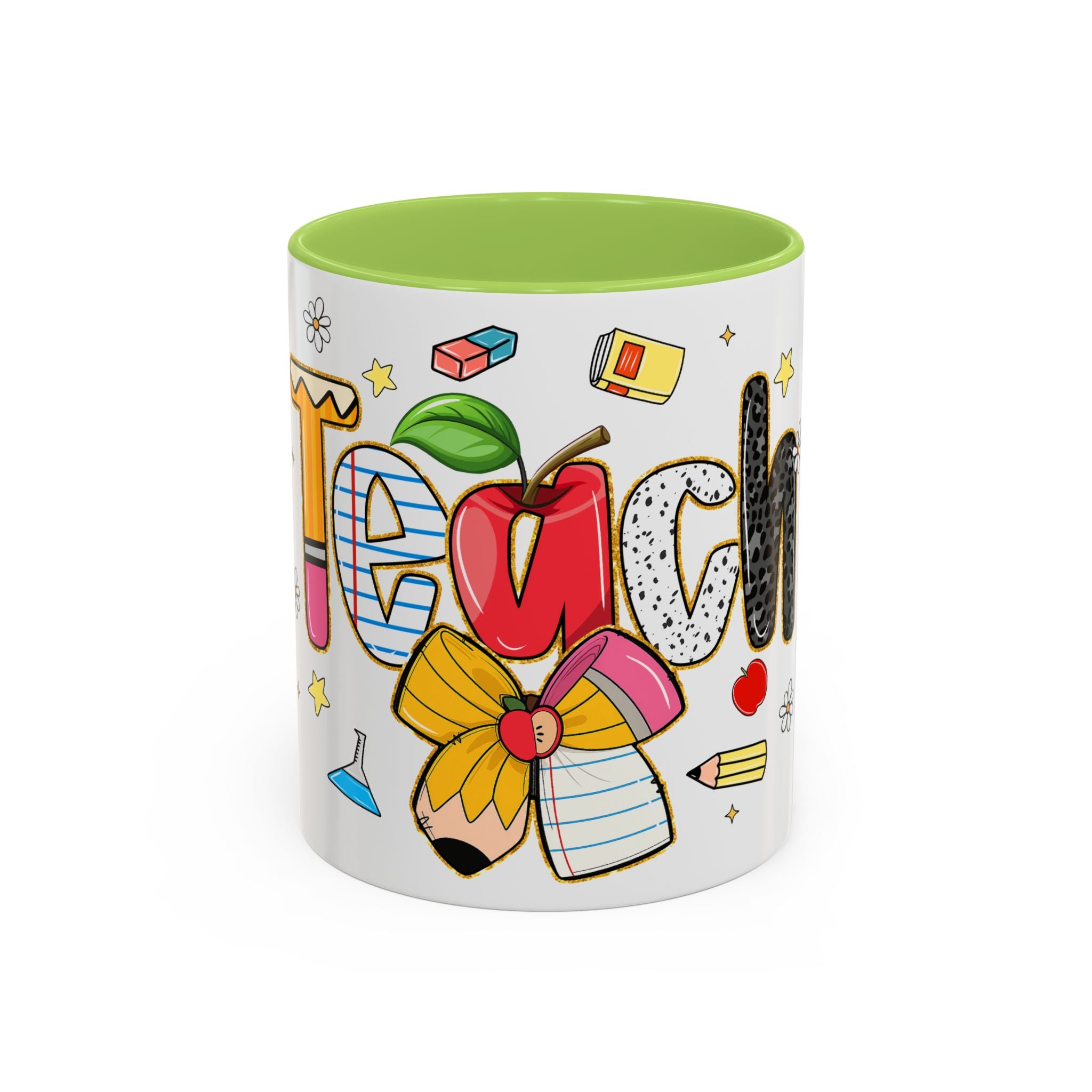 Teacher Appreciation Accent Coffee Mug – Colorful Apple & School Icons (11/15oz)