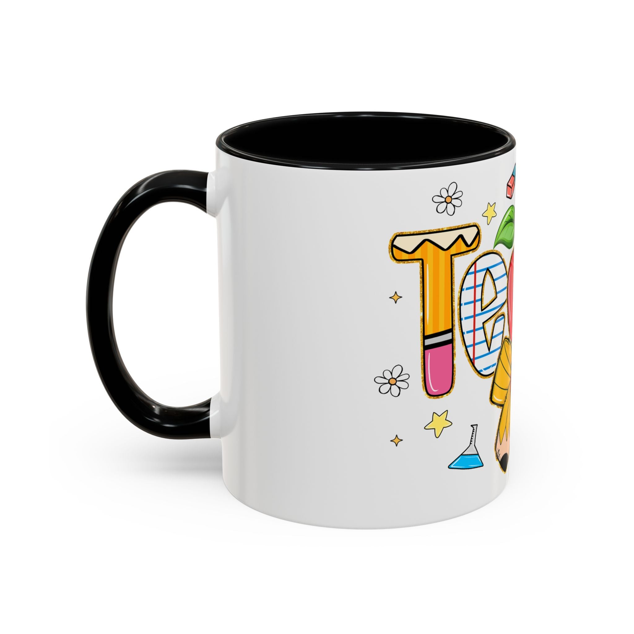 Teacher Appreciation Accent Coffee Mug – Colorful Apple & School Icons (11/15oz)