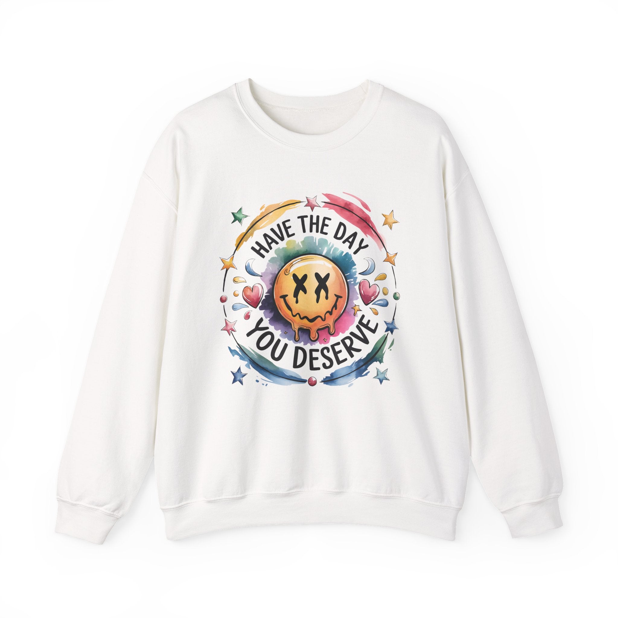 Crewneck Sweatshirt — 'Have The Day You Deserve' Smiley Galaxy Graphic