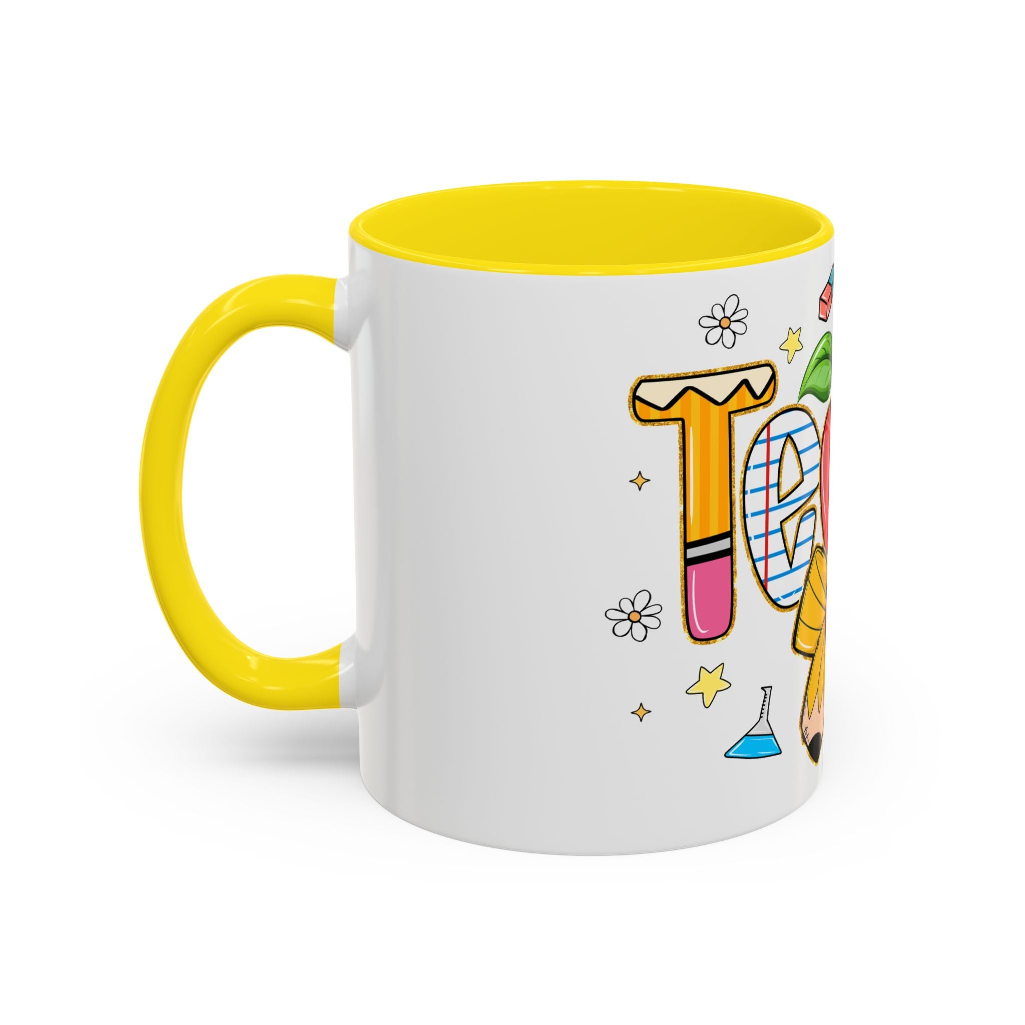 Teacher Appreciation Accent Coffee Mug – Colorful Apple & School Icons (11/15oz)