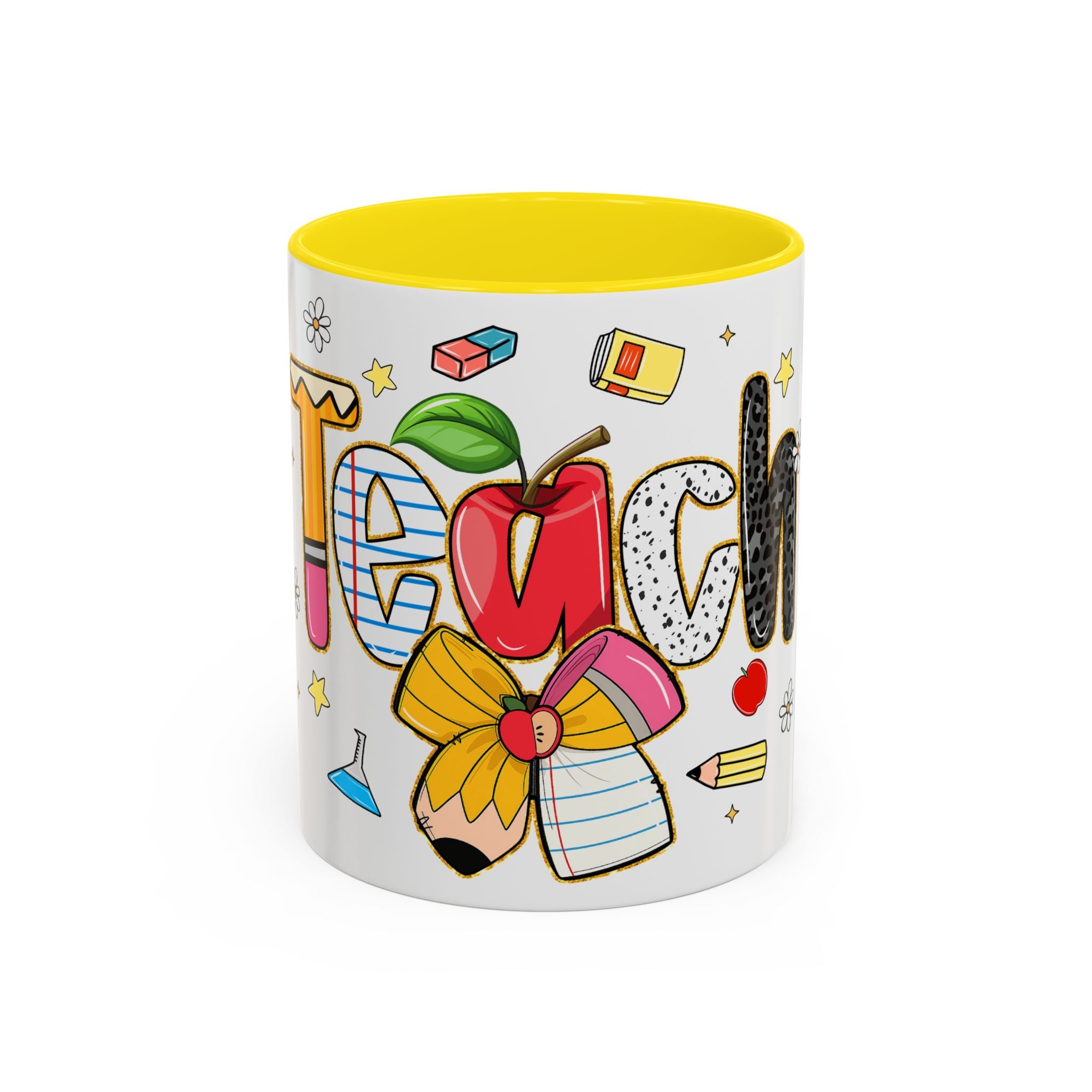 Teacher Appreciation Accent Coffee Mug – Colorful Apple & School Icons (11/15oz)