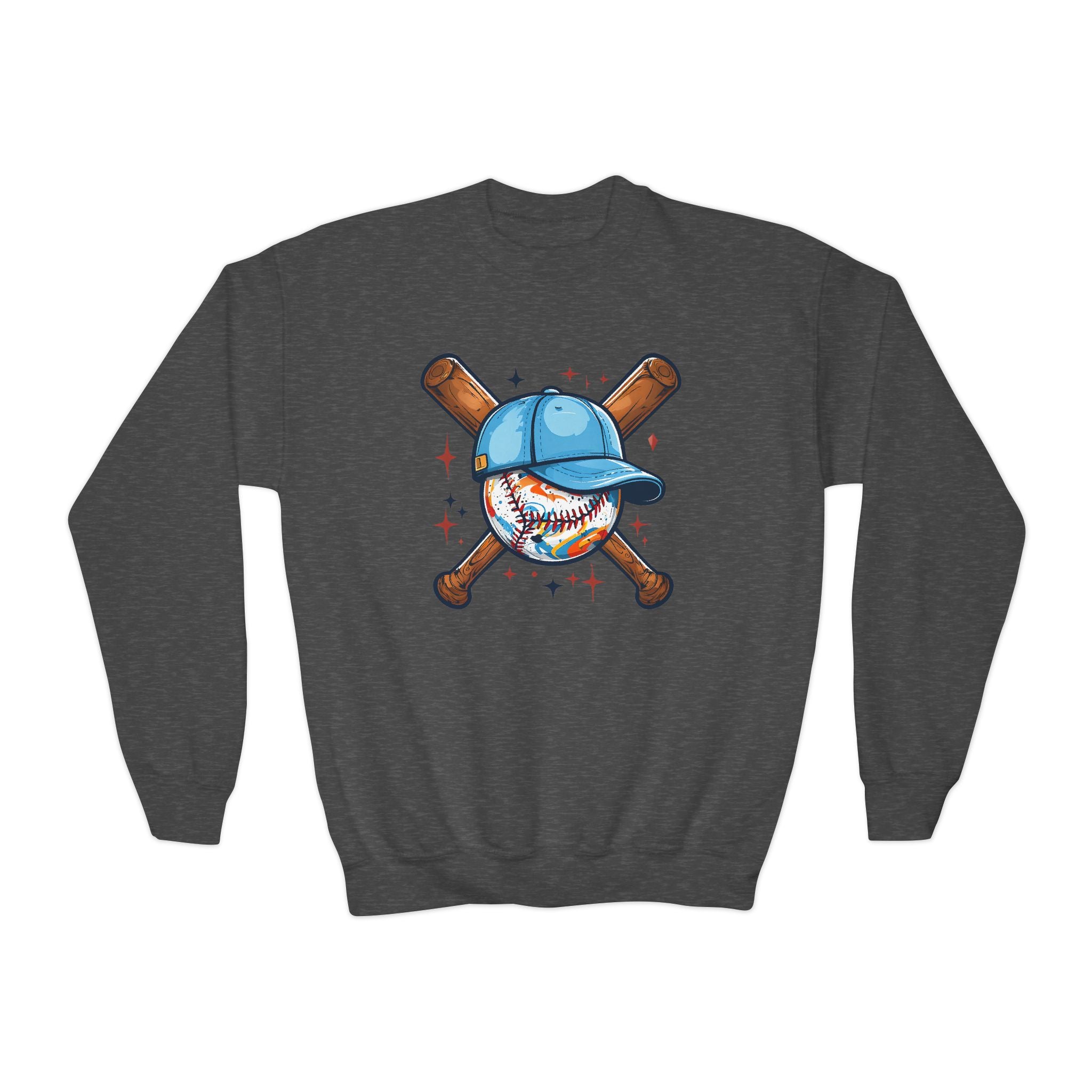 Youth Baseball Crewneck Sweatshirt – Cute Baseball with Cap & Crossed Bats