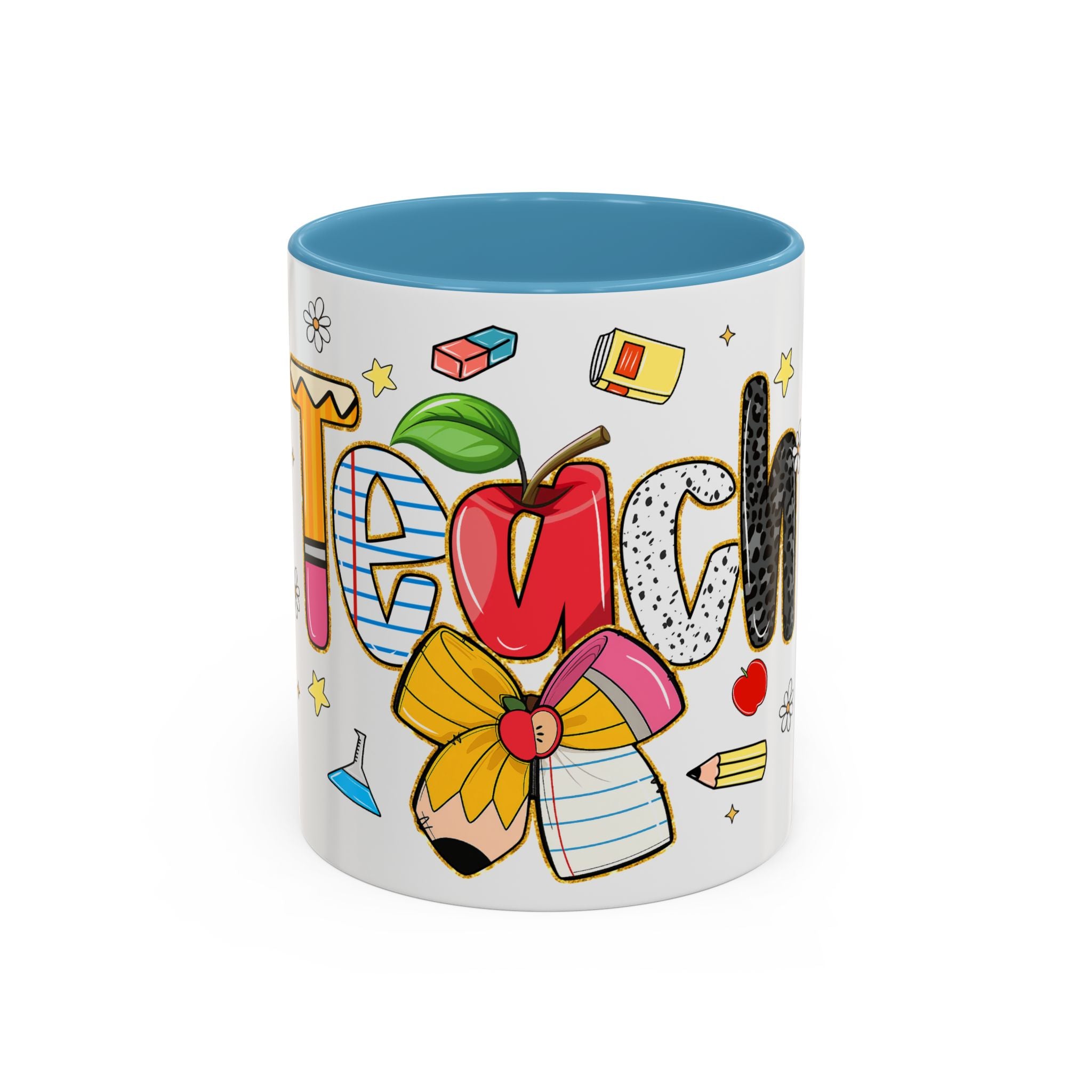 Teacher Appreciation Accent Coffee Mug – Colorful Apple & School Icons (11/15oz)