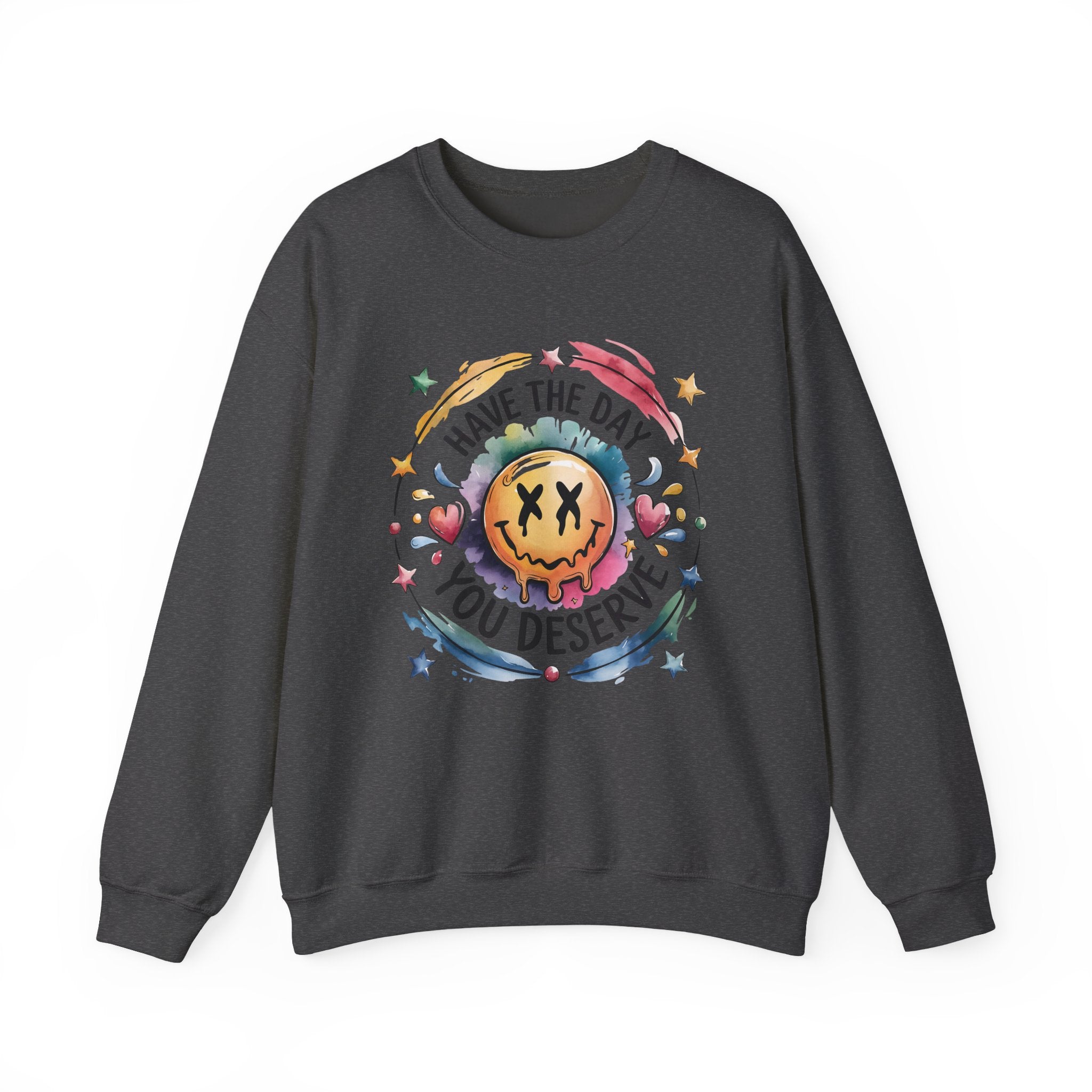 Crewneck Sweatshirt — 'Have The Day You Deserve' Smiley Galaxy Graphic