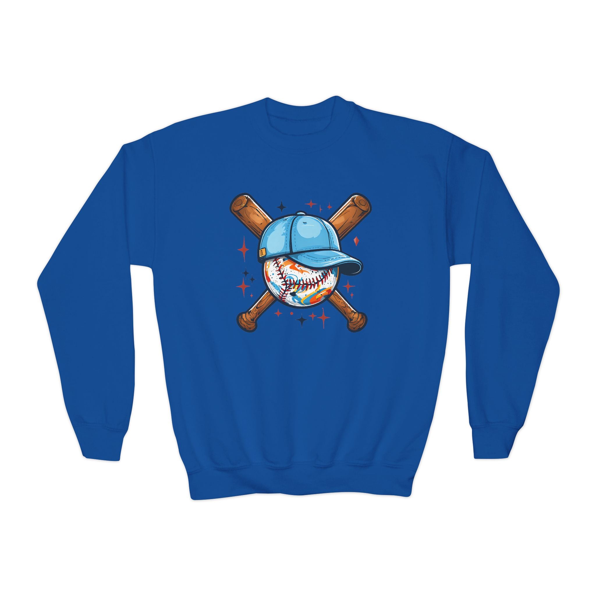 Youth Baseball Crewneck Sweatshirt – Cute Baseball with Cap & Crossed Bats