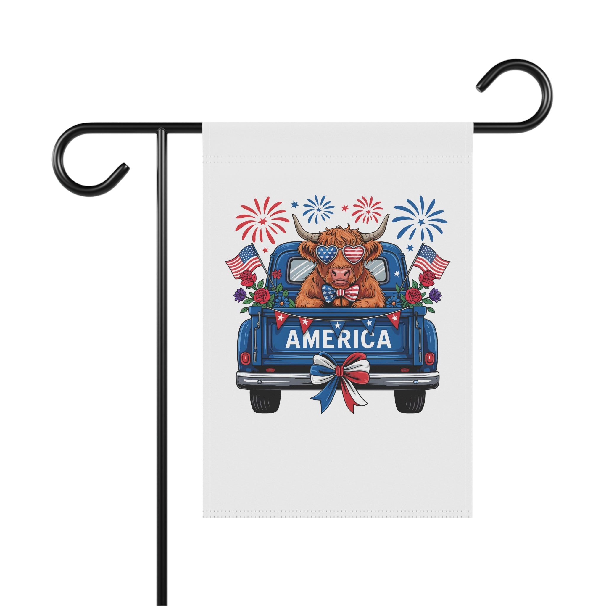Patriotic America Garden Flag – Fourth of July Truck & Cow Design