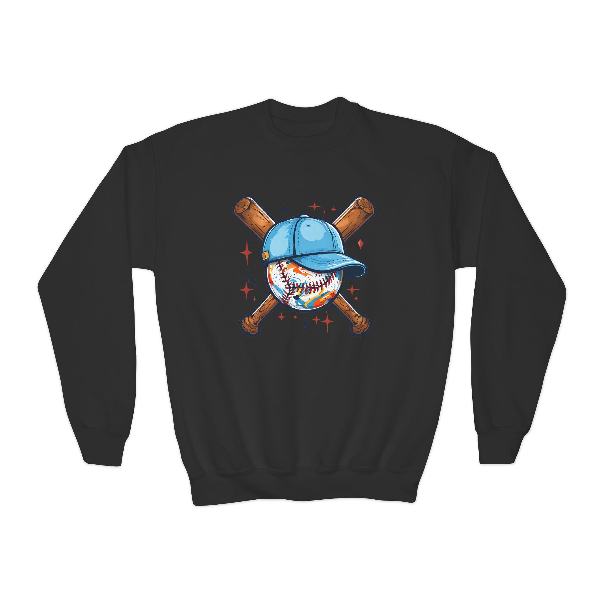 Youth Baseball Crewneck Sweatshirt – Cute Baseball with Cap & Crossed Bats