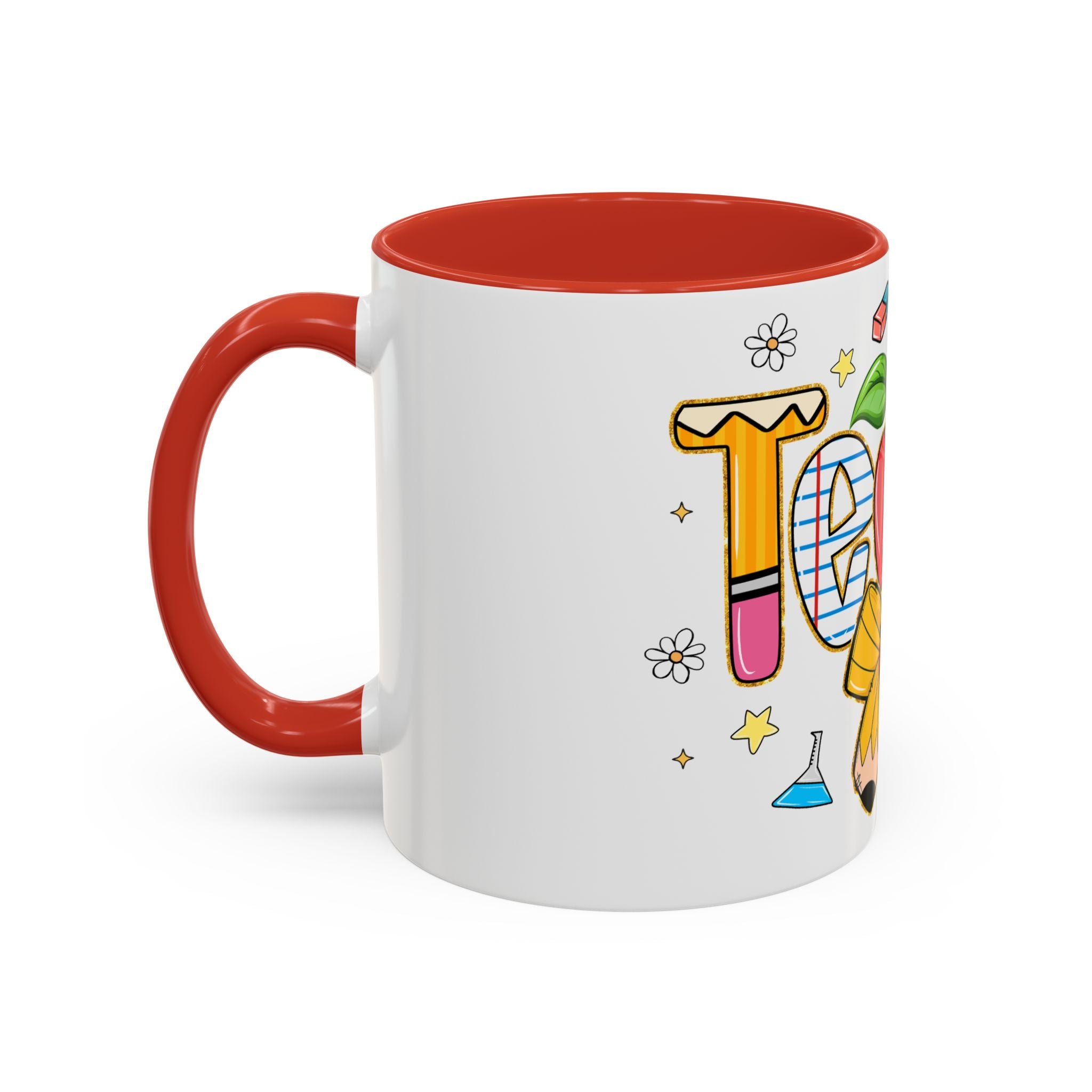 Teacher Appreciation Accent Coffee Mug – Colorful Apple & School Icons (11/15oz)