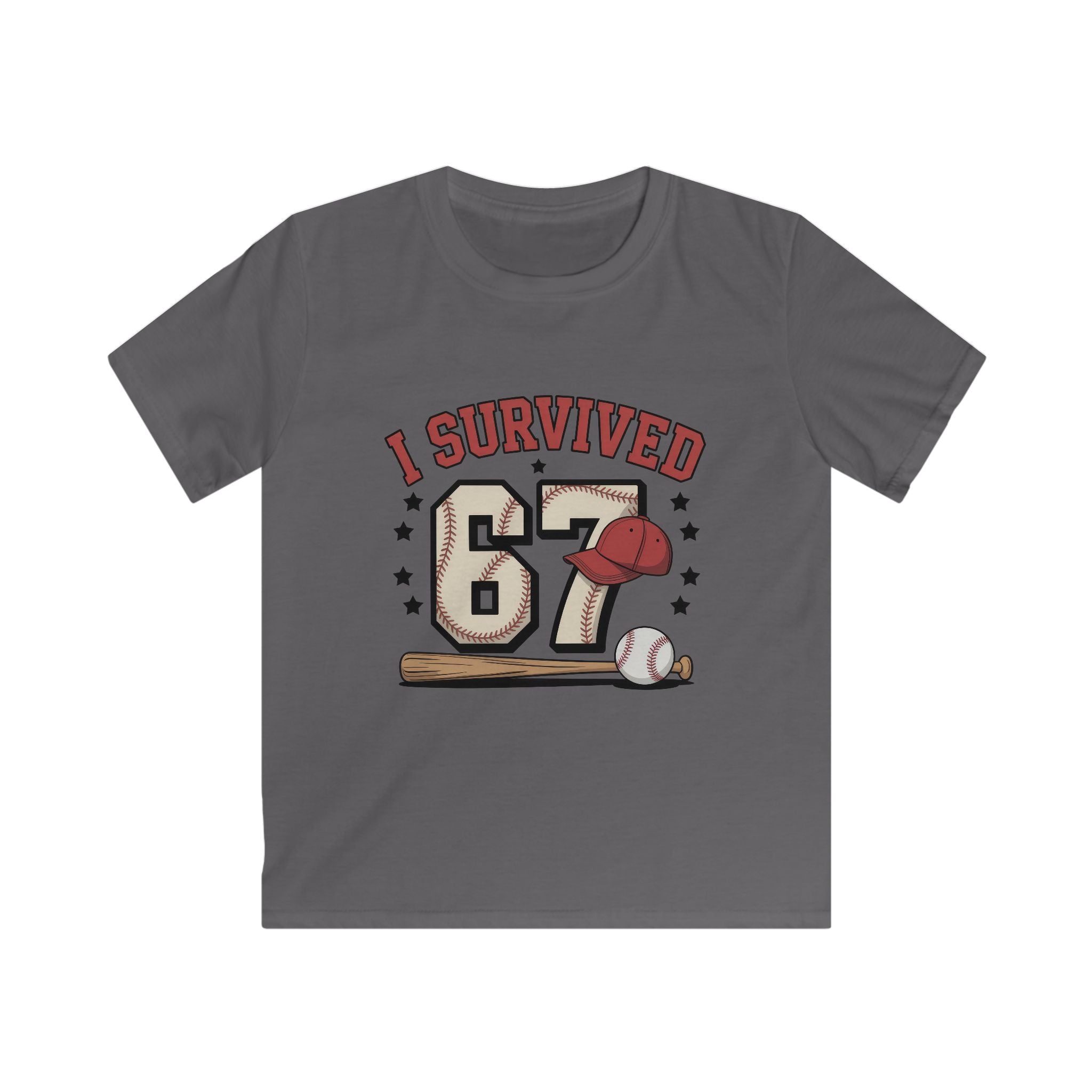 I Survived 67 Baseball Kids Tee - Funny Baseball Milestone Shirt for Kids