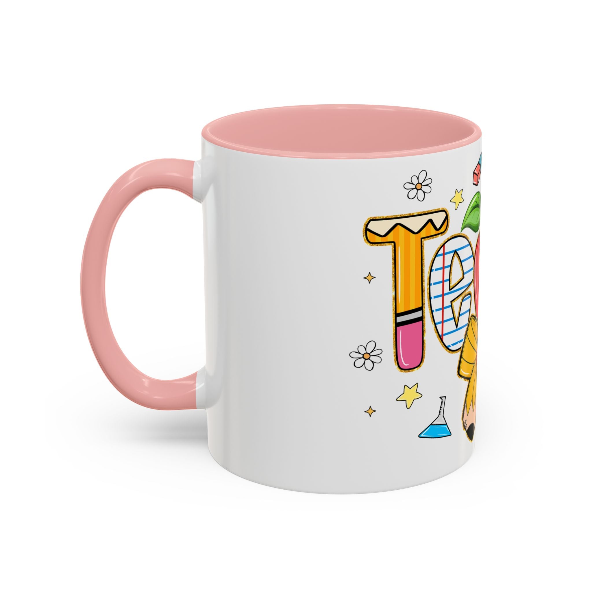 Teacher Appreciation Accent Coffee Mug – Colorful Apple & School Icons (11/15oz)