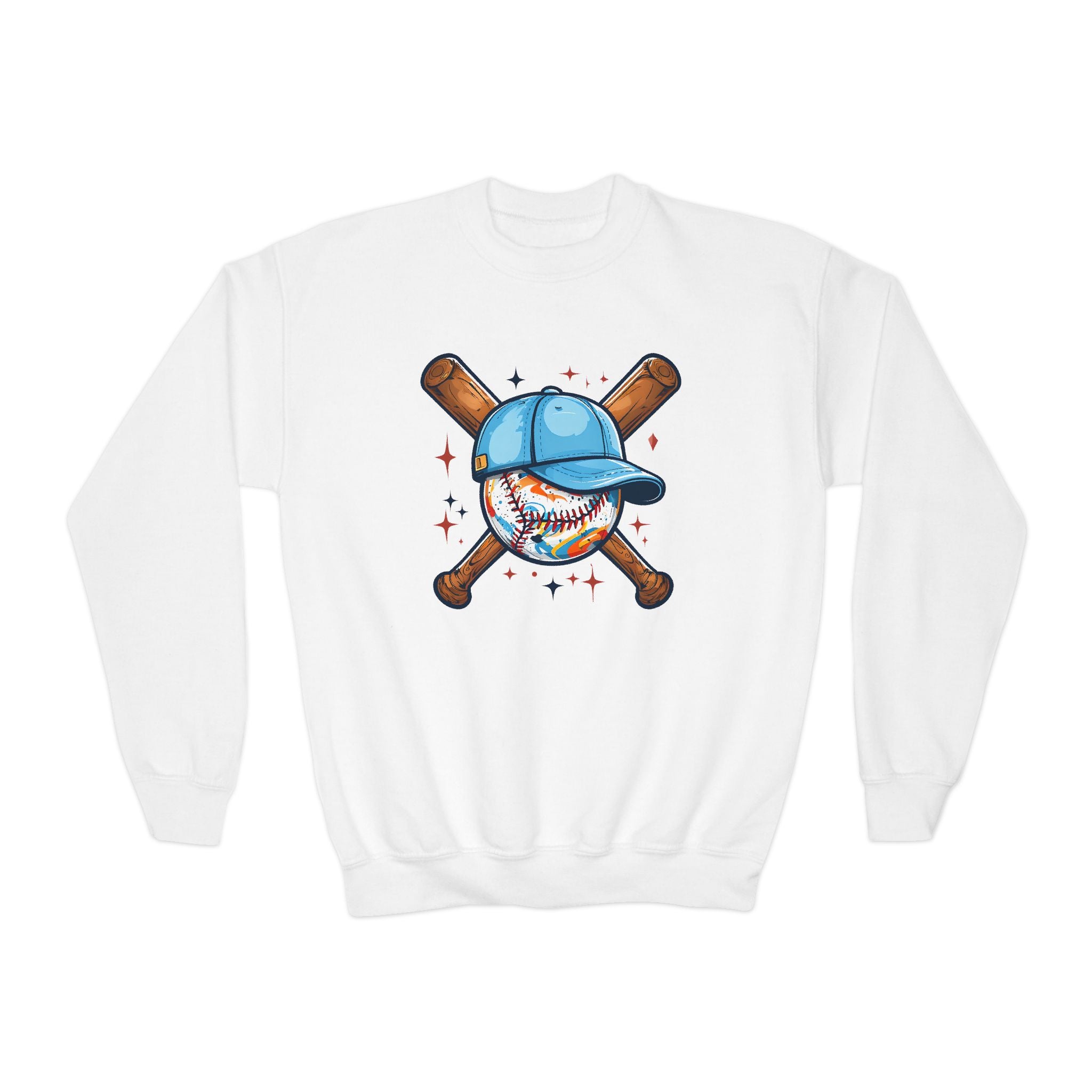 Youth Baseball Crewneck Sweatshirt – Cute Baseball with Cap & Crossed Bats