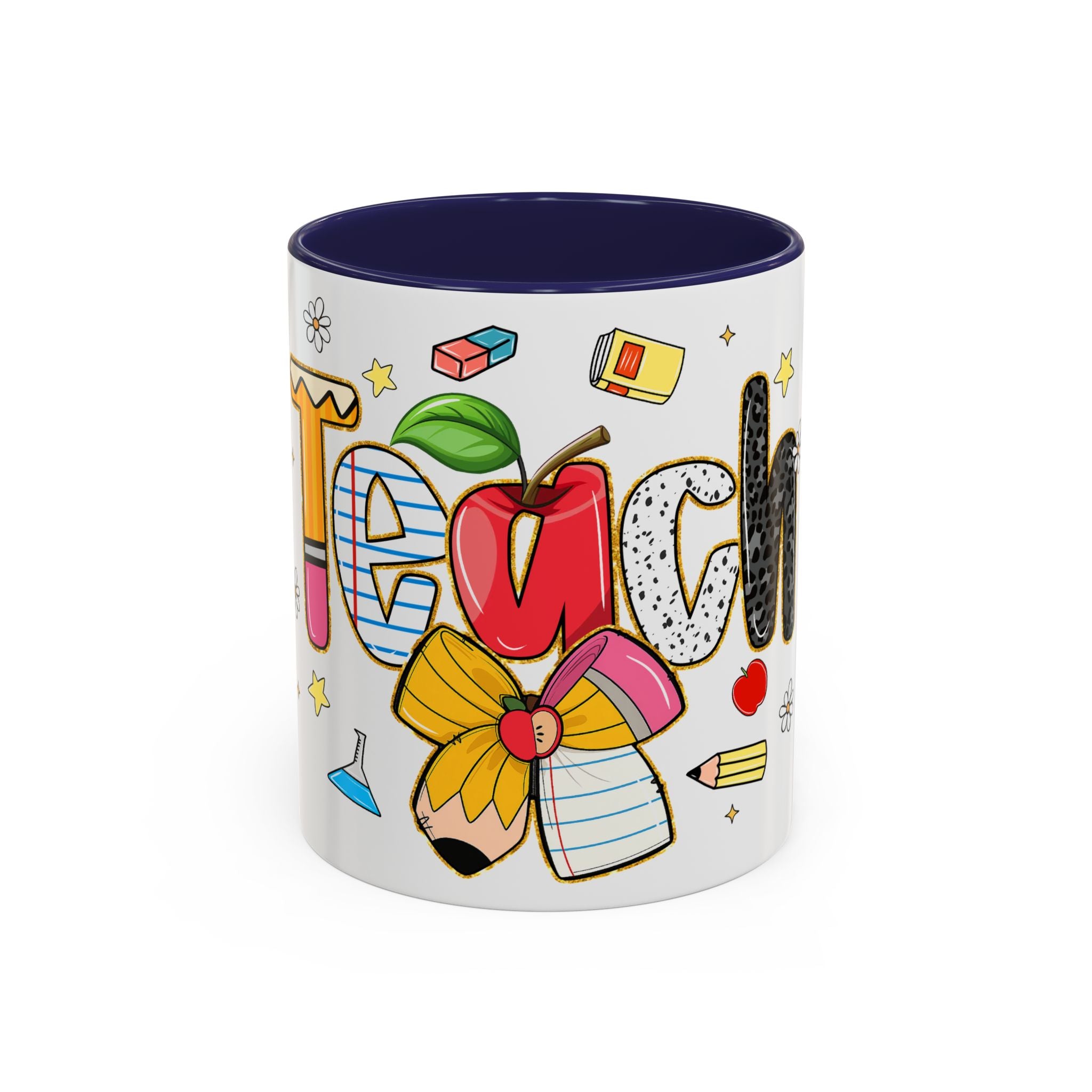 Teacher Appreciation Accent Coffee Mug – Colorful Apple & School Icons (11/15oz)